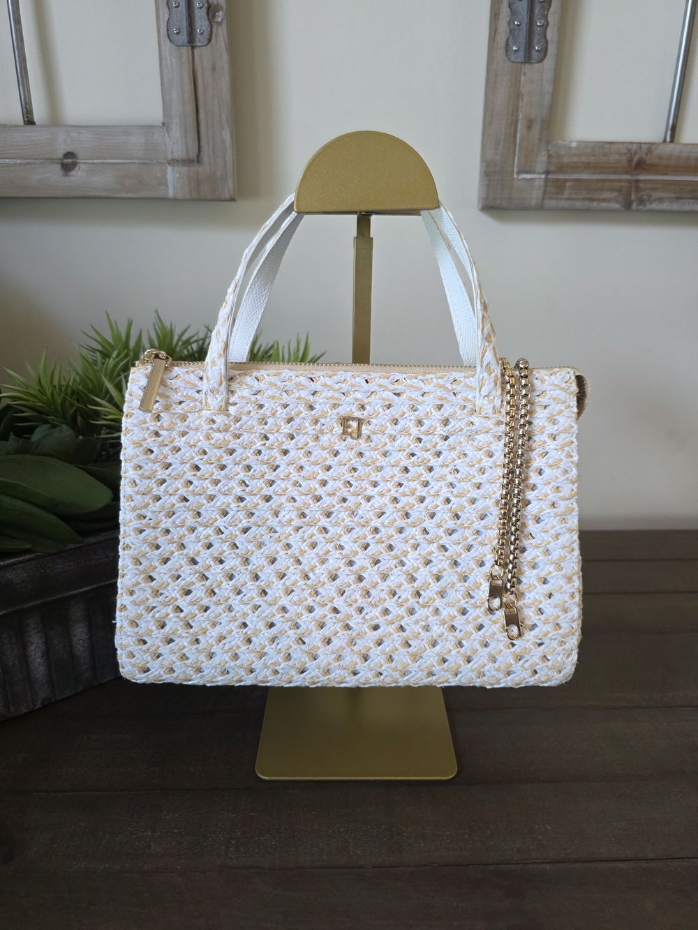 Eric Javitz Lil Lucy Woven Straw Top Handle Crossbody Bag Ivory Gold
